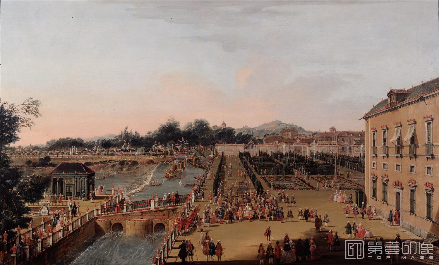 油画-西班牙普拉多美术馆油画藏画-Battaglioli, Francesco-Fernando VI y Bárbara de Braganza en los jardines de Aranjuez-68cm x 112cm-0327